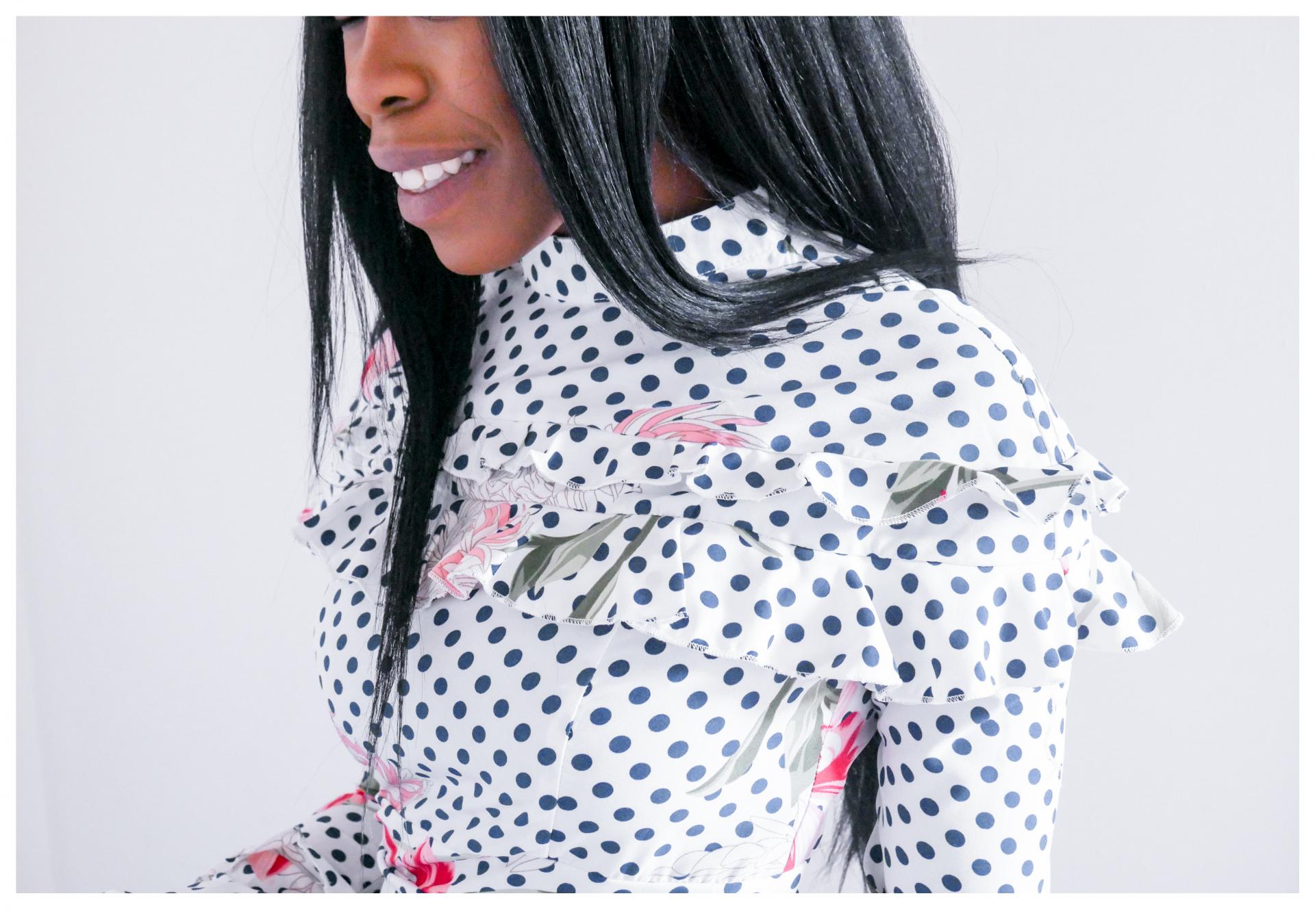 Polka Dot and Floral Dress Kitty and B11 How to wear polka dots| Polka dots are a really versatile, wearable fabric trend to wear| Here we have loads of inspiration for how to wear polka dots in a variety of styles | kittyandb.com #polkadots #fashioninspiration #outfitideas