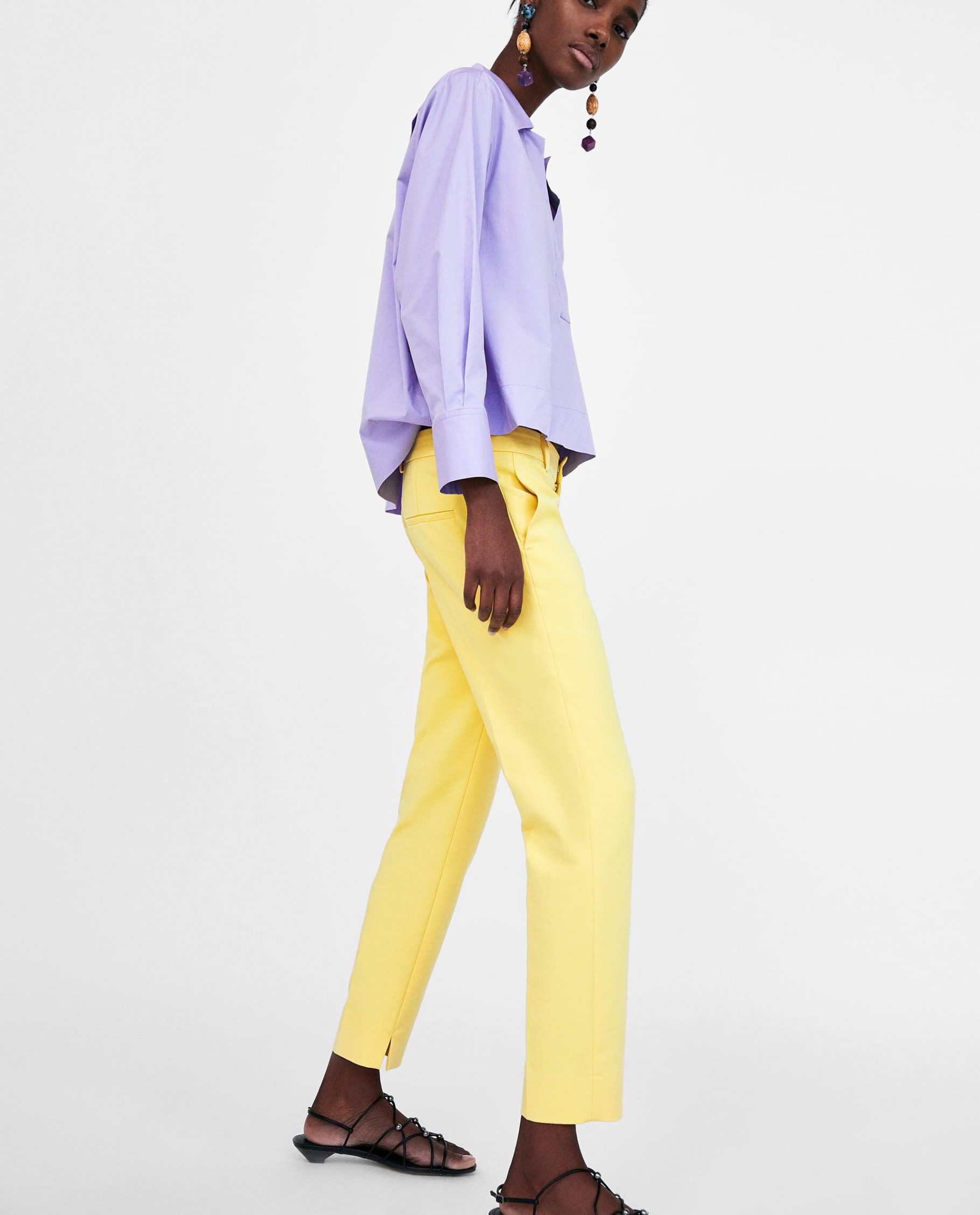 How to Wear Pastels 2019 Updated |Lemon Yellow Trousers and Lilac Shirt |www.kittyandb.com #Lilac #Pastel #Chic #Lemon #Yellow #colourInspiration #NetBag #OutfitInspiration #ColourPairing