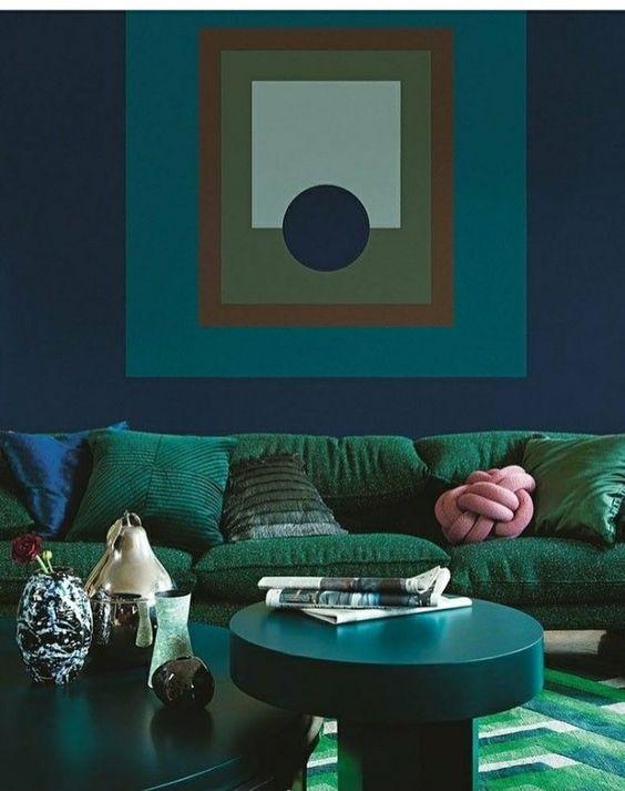 Green and blue living room inspiration| Today we're talking inspiration for adding green to your living room. Green is a really versatile colour to decorate your home with. But, which colours and tones work well? What kind of accessories work with green? This post gives you ideas for pulling together an elegant green colour palette and pieces for your home. Read more: kittyandb.com #greenlivingroom #greencolorpalette #interiordecoratinginspiration #greenaesthetic #greensofa #statementwalls #blueandgreen