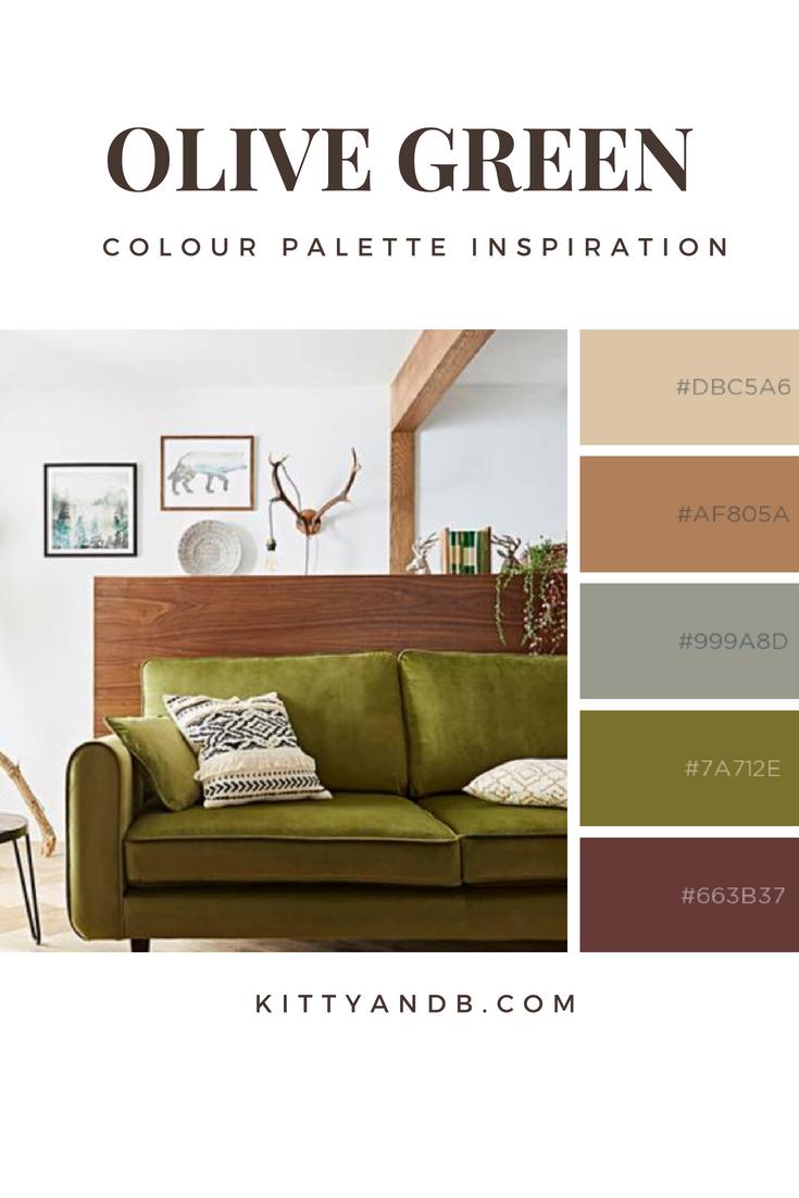 Olive Green and Brown Living Room Colour Palette Inspiration| Today we're talking inspiration for a green living room. Green is a really versatile colour to decorate your home with. But, which colours and tones work well? What kind of accessories work with green? This post gives you ideas for pulling together an elegant green colour palette and pieces for your home. Read more: kittyandb.com #colourpalette #olivegreen #greenlivingroom #greencolorpalette #greenaesthetic 
