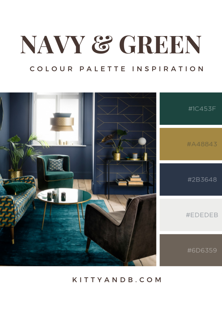 Rich green, navy and gold colour palette| Blue is a really versatile colour to decorate your home with. But, which colours and tones work well? Green and gold look great with blue! What kind of accessories work with blue? This post gives you the all the ideas you need for pulling together an elegant blue colour palette and pieces for your home. Read more: kittyandb.com #bluelivingroom #colourfulhomedecor #bluecolorpalette #colourpalette #interiordecoration #navy