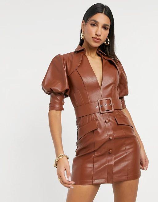 Brown Faux leather Detail Dress | Brown fashion is back in town. In a big way. Chocolatey, retro, animal, corduroy. Yup, it's brown's time to shine. If you want some inspiration for how to wear brown and what colours go with brown, then it's all here. We have lots of wearable looks that you can recreate really easily with the clothes you already have or with a few wardrobe updates. | www.kittyandb.com #Brown #Brownaesthetic #outfitideas #Leather #FauxLeather #Dress 