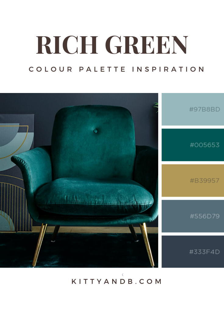 Rich green, navy and gold colour palette| Today we're talking inspiration for adding green to your living room. Green is a really versatile colour to decorate your home with. But, which colours and tones work well? What kind of accessories work with green? This post gives you ideas for pulling together an elegant green colour palette and pieces for your home. Read more: kittyandb.com #greenlivingroom #interiordecoratinginspiration #colorpalette #colourpalette #greenaesthetic
