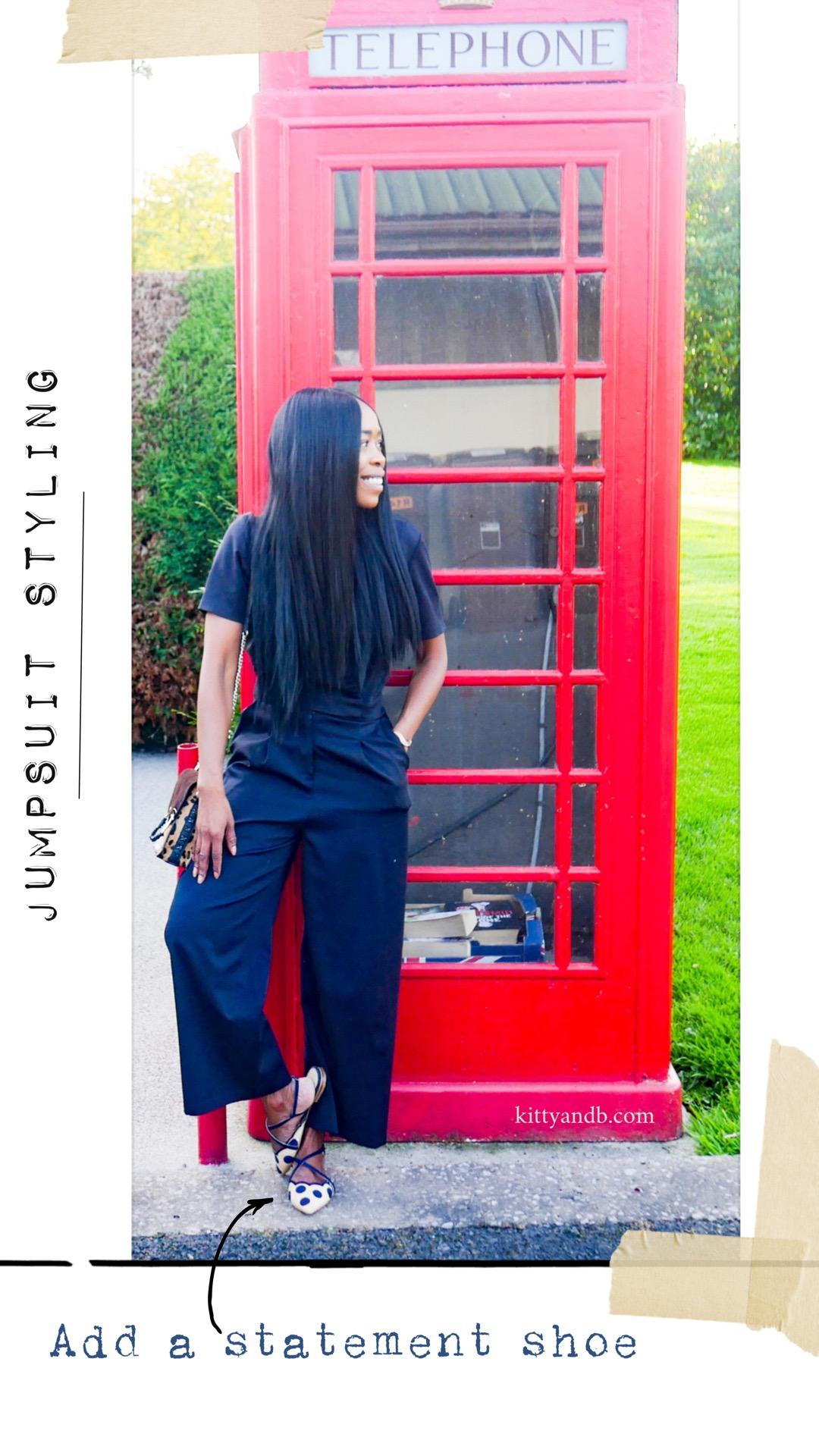 Here's my round up of shoes to wear with a jumpsuit, with my most worn jumpsuit friendly shoe styles. You know I love a jumpsuit and my navy wide leg jumpsuit is my most worn over the last couple of years, so I think it's a great way to show you the shoes in action! kittyandb.com| #howtowear #jumpsuitstyle #statementflats #outfitideas #raffia