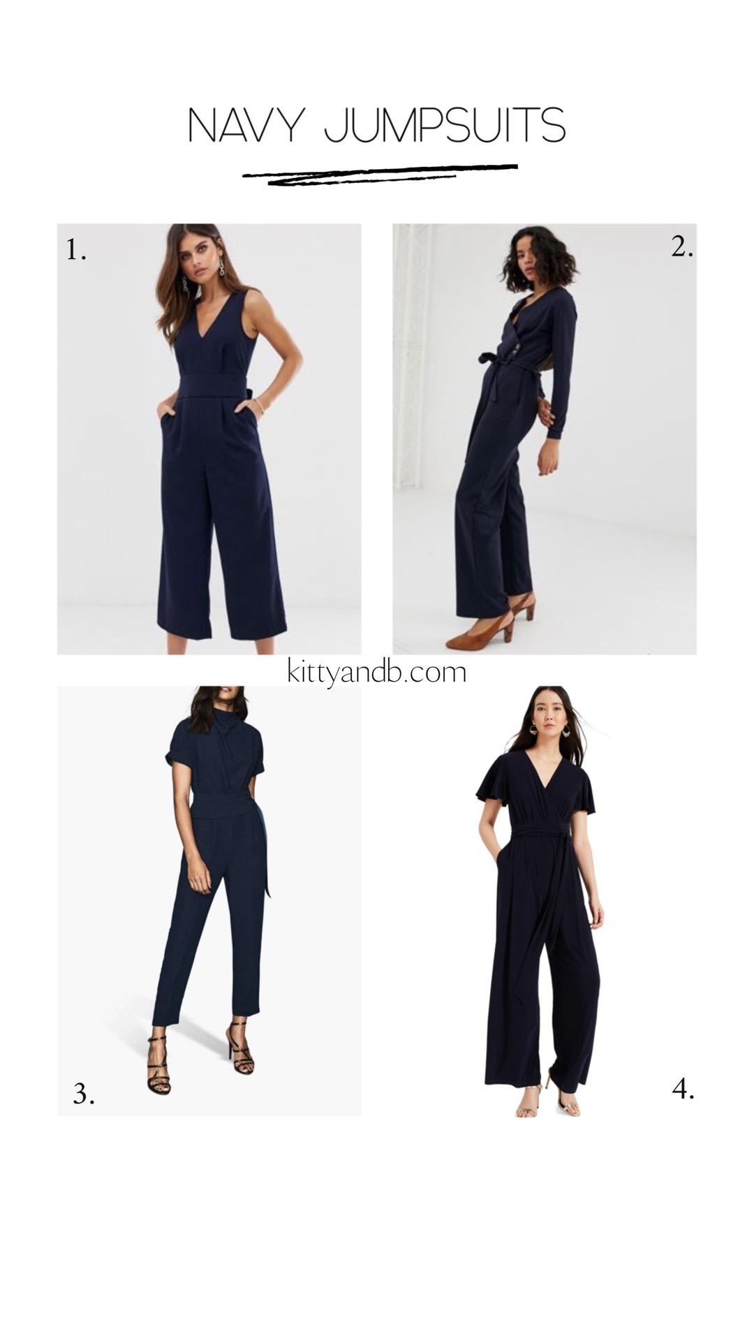 Navy Jumpsuits for all! Navy jumpsuits are classic and stylish and so here are 4 options and the shoes to wear with a jumpsuit | kittyandb.com #jumpsuits #navy #howtowear #outfitideas