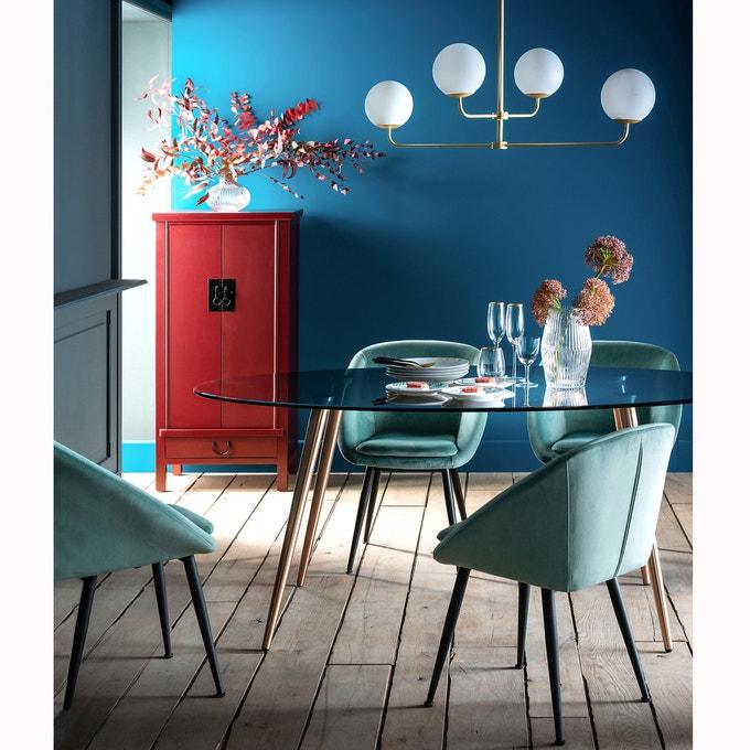 Tonal Blue Dining Room with Red Storage Decor Inspiration| Blue is a really versatile colour to decorate your home with. But, which colours and tones work well? What kind of accessories work with blue? This post gives you ideas for pulling together an elegant blue colour palette and pieces for your home. Read more: kittyandb.com #blueroom #diningroom #red #colourfulhomedecor #bluecolorpalette #blueaesthetic