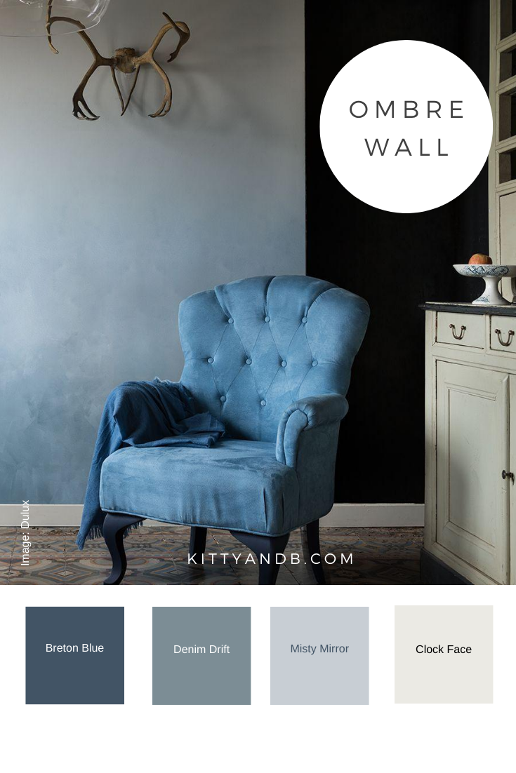 Blue Ombre Wall Room Decor Inspiration| Blue is a really versatile colour to decorate your home with. But, which colours and tones work well? What kind of accessories work with blue? This post gives you the shades you need to recreate this ombre wall, plus ideas for pulling together an elegant blue colour palette and pieces for your home. Read more: kittyandb.com #bluelivingroom #ombrewall #colourfulhomedecor #bluecolorpalette #interiordecoratinginspiration #blueaesthetic 