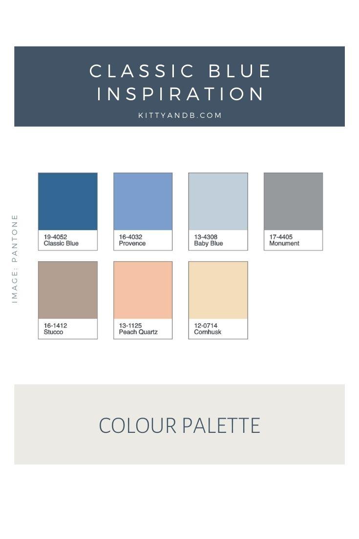 Classic Blue Colour Palette Inspiration| Blue is a really versatile colour to decorate your home with. But, which colours and tones work well? What kind of accessories work with blue? This post gives you ideas for pulling together an elegant blue colour palette and pieces for your home. Read more: kittyandb.com #blueroom #colourfulhomedecor #bluecolorpalette #blueaesthetic #classicblue