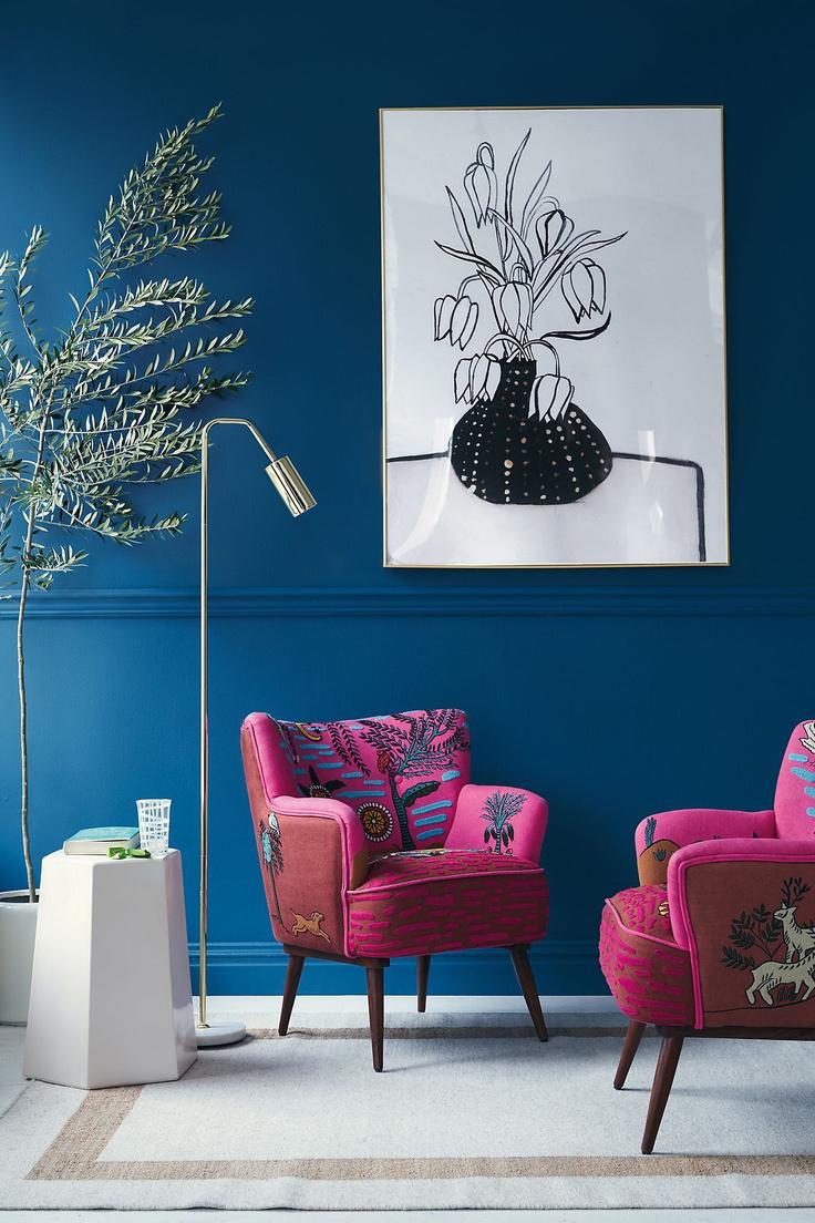 Blue Wall and Pink Embroidered Chairs Colourful Room Decor | Blue is a really versatile colour to decorate your home with. But, which colours and tones work well? What kind of accessories work with blue? This post gives you ideas for pulling together an elegant blue colour palette and pieces for your home. Read more: kittyandb.com #bluewall #colourfulhomedecor #colorpalette ##interiordecoratinginspiration #pinkaesthetic