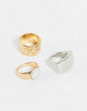 Mixed Metal and Faux Pearl Ring Set